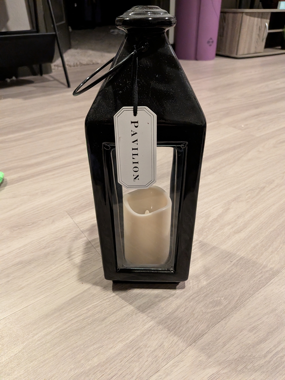 Black Glass Lantern with Cream LED Candle NEW